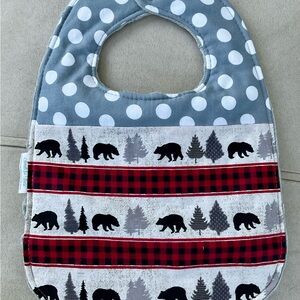 Bear and Tree Pattern Handmade Baby Bib - Gray and Red NWT